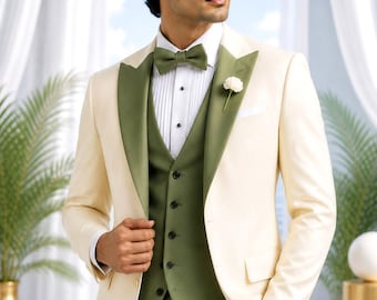 Costume de mariage pour homme ivoire et vert olive pour homme, élégant ensemble de smoking 3 pièces.