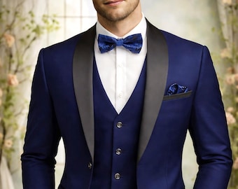 Men's Navy Blue 3 Piece Tuxedo Suit, Shawl Lapel Wedding Prom Formal Wear