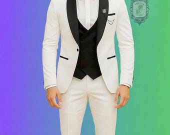 Mens Slim Fit White Tuxedo Suit With Black Lapel Best For Wedding/Special occasion Tuxedo.