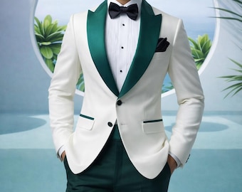 Men’s White & Green Tuxedo Suit | Slim Fit Wedding Suit.