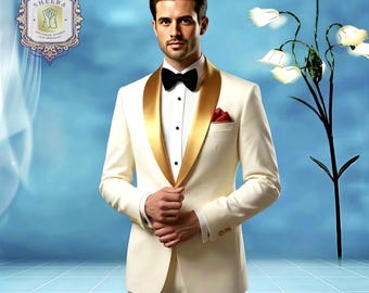 Men’s Ivory White Tuxedo Suit Gold Shawl Lapel Wedding Groom Prom Formal Party Suit