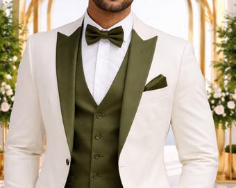 Men’s White & Olive Green Tuxedo Suit | 3 Piece Wedding Suit.