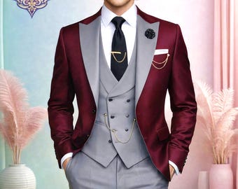 Maroon Grey Three-Piece Wedding Suit, Tailored Fit Formal Groom Wear Blazer Set