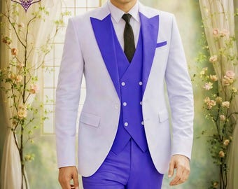 Buy White & Royal Purple Men’s Wedding Suit | 3 Piece Groom Tuxedo