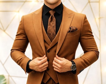 Men’s Brown 3 Piece Suit Slim Fit Wedding Tuxedo Groom Prom Formal Party Suit