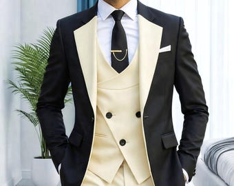 Men's Black Cream Tuxedo Suit, Slim Fit Prom Blazer Set