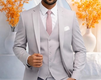 Light Grey 3 Piece Slim Fit Suit | Wedding Groom Formal Attire
