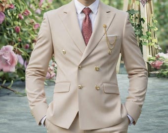 Custom Peach Double-Breasted Suit, Slim Fit 2 Piece Set, Wedding Groom Wear