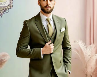 Men's Olive Green 3-Piece Slim Fit Suit for Weddings, Prom, Formal Events