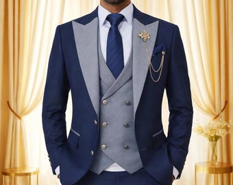 Men's Navy Blue 3 Piece Suit with Grey Waistcoat | Slim Fit Wedding Groom Wear