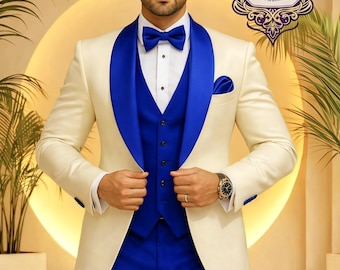 Ivory Royal Blue Men's 3 Piece Tuxedo Suit, Shawl Lapel Wedding Groom Wear