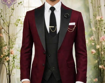Men's Burgundy Tuxedo Suit, Black Shawl Lapel, 3-Piece Formal Set