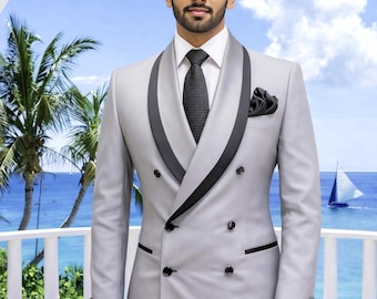 Light Grey Tuxedo Suit for Men, Double Breasted Wedding Suit.