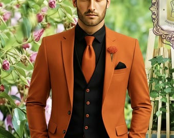 Men’s Burnt Orange 3 Piece Suit Slim Fit Wedding Tuxedo Groom Prom Party Suit
