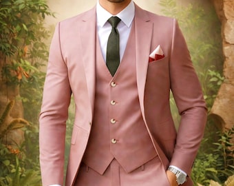 Men's Dusty Pink Slim Fit 3 Piece Suit, Wedding Groom Prom Formal Party Wear