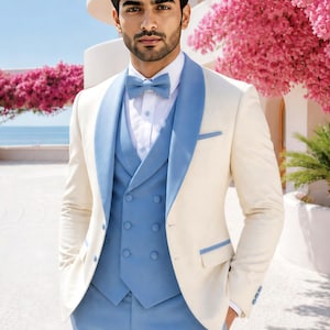 Men’s Ivory Suit with Blue Vest, Wedding & Formal Wear Set