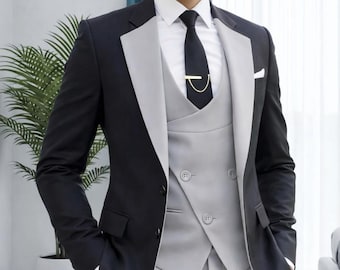 Black Grey Tuxedo Suit for Men, 3 Piece Wedding Suit.