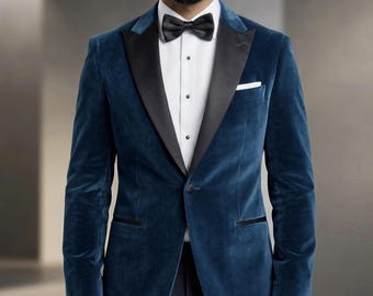 Blue Velvet Tuxedo Jacket, Satin Peak Lapels, Custom Tailored Formal Wear