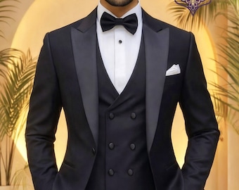 Men's Black 3 Piece Tuxedo Suit, Slim Fit Formal Wedding Groom Wear