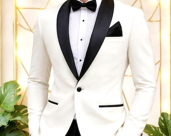 Men's White Tuxedo Suit, Black Shawl Lapel, Slim Fit Formal Wear