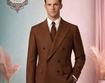 Men's Brown Double-Breasted Suit – Slim Fit Formal Tuxedo for Weddings