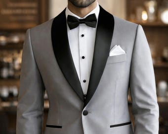 Light Grey Tuxedo, Black Shawl Lapel, Slim Fit Formal Wedding Suit