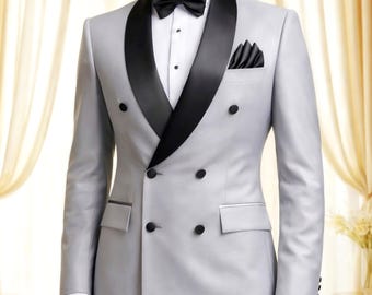 Silver Grey Tuxedo Suit for Men, Double Breasted Wedding Suit