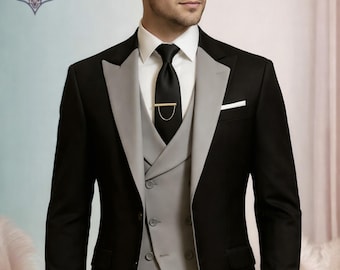 Black Tuxedo Suit with Grey Vest – Bespoke Wedding Attire for Groom