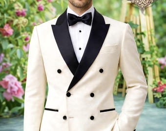 Off-White Tuxedo Jacket, Men's Slim Fit Wedding Blazer, Black Shawl Lapel Coat