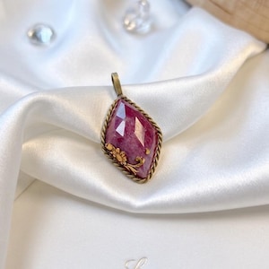 Handmade Ruby Pendant 38.20, Pinkish Red Faceted Ruby Necklace Charm, Rope Bezel Setting, Vintage Style Artisan Statement Jewelry