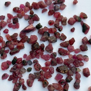 May include: A collection of small, raw, unpolished gemstone fragments in various shades of deep pink, magenta, and dark red. These irregular, angular mineral pieces feature natural textures, translucent to opaque surfaces, and dark inclusions.