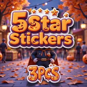 May include: Orange and purple 5 Star Stickers with jack-o'-lantern faces and star accents. The image also includes the text "3 PCS" in orange, with a Halloween theme. The background shows a street scene with fall foliage.