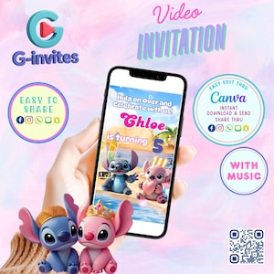 Stitch and Angel Video Invitation Template Luau Stitch Birthday Invite Tropical Alien Party Digital Video Personalized Kids Evite