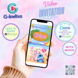 Angel and Stitch Video Invitation Template, angel and stich birthday invitation video, personalised video invitation, digital evite