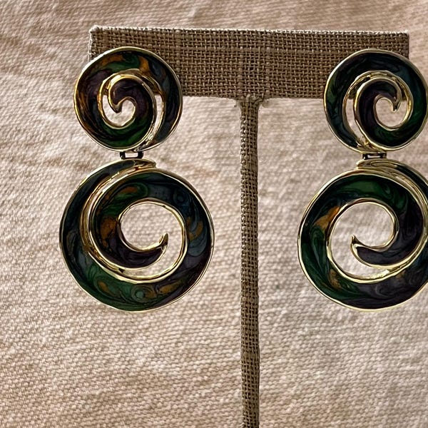Oversized Exaggerated Swirls of 'Florentine' Marbled Green Enamel Design Inlaid in Gold Post Dangle Earrings (Vintage 1990's Costume)