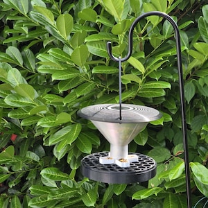 Puede incluir: Un comedero para pájaros con un gancho de metal negro. El comedero tiene un cuerpo plateado en forma de cono, una base negra con un patrón de panal y una parte superior circular. El fondo es un seto verde denso.