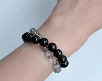Black Obsidian & Tourmalinated Quartz Bracelet | Protection Energy Healing Gemstone Jewelry