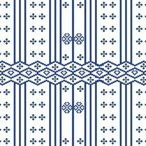 May include: A repeating pattern featuring vertical navy blue stripes and geometric designs. The design includes diamond and zigzag patterns in navy blue and white, with small green accents. The background is white.