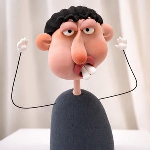 May include: A whimsical cartoon character with a large nose, open mouth, and two prominent teeth. The figure has black curly hair, pink cheeks, and small white hands. The character is wearing a dark gray top and has thin black arms.