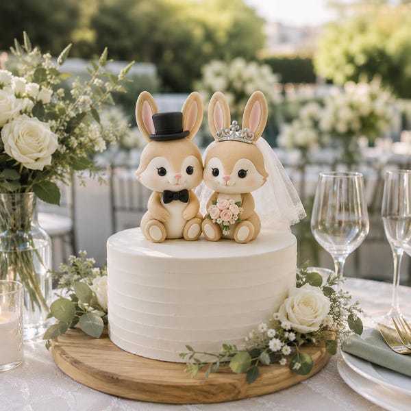 Bunny Wedding Cake Topper, Handmade Ultra-Light Clay Bride Groom Rabbit Figurines, Anniversary Gift Decor