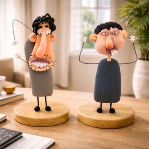 Puede incluir: Dos figuras de arcilla caprichosas con rasgos exagerados. Una figura es de color canela con una boca grande y abierta y un cuerpo gris. La otra figura es azul con la lengua fuera y un cuerpo azul oscuro. Ambas figuras están sobre bases de madera.