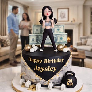 May include: A decorated birthday cake with a fitness theme. The cake features a figurine lifting weights, dollar bills, and the text "Happy Birthday Jaysley." Gold and white accents adorn the cake, along with a 20 KR weight. The cake is on a white surface.
