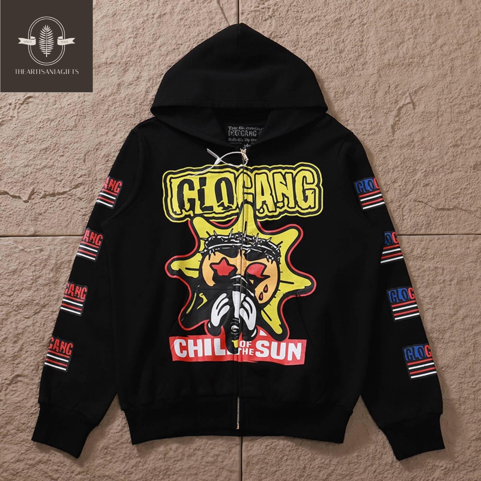 GloGang パーカー S Glogang ユニークデザイン 黒パーカー フード付き