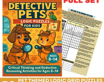 Detektiv Haustiere logisches Gitter Puzzle | Mega Bündel | 50 Puzzles | Haustier Themen logisches Spielen Alter 8-14 | Kritisches Denken Arbeitsblätter | Lehrreich