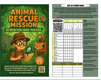 Misión de rescate animal: Rompecabezas de lógica / Juego completo / 50 juegos educativos de detectives para niños de 8 a 12 años / Imprimible / Actividades para la educación en casa