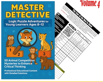 May include: A digital download titled "Master Detective" with logic puzzles for young learners aged 8-12. The cover features cartoon animals, including an owl, fox, monkey, cheetah, and bear. Includes a "The Case of the Best in Show" puzzle.