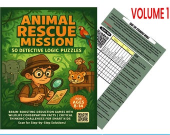 May include: A digital download titled "Animal Rescue Mission: 50 Detective Logic Puzzles" for ages 8-14. The cover features a cartoon boy with a magnifying glass, animals, and the text "Brain-Boosting Deduction Games." Includes a "Save the Stranded Whale" puzzle.
