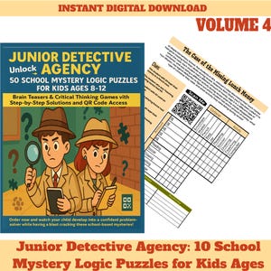 Puede incluir: Una descarga digital de rompecabezas de lógica de misterio para niños. La portada presenta detectives de dibujos animados con lupas y cuadernos. El texto dice "Junior Detective Agency: 50 School Mystery Logic Puzzles for Kids Ages 8-12."
