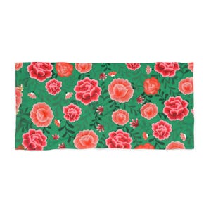 Beach Towel Green Red Floral Pattern