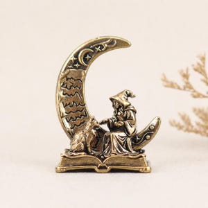 Solid Brass Witch Cat Moon Figurine, Gothic Celestial Altar Decor, Bookshelf Sitter